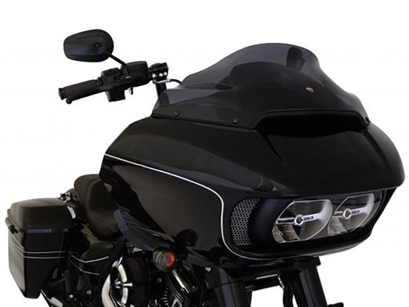 9in. Sports Flare Windshield - Dark Smoke Tint. Fits Road Glide 2015-2023 Black motorcycle fairing with sleek design and integrated windscreen.