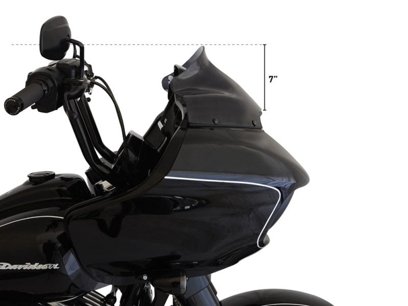 Sleek black motorcycle fairing with tinted windshield and Harley-Davidson branding, perfect for motorcycle enthusiasts seeking custom styling.