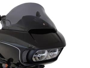 Sleek black motorcycle windscreen and headlights on a modern Revelry Motorcycles bike.
