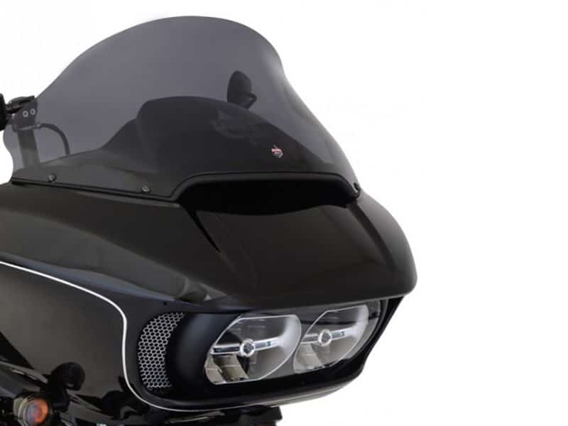 Sleek black motorcycle windscreen and headlights on a modern Revelry Motorcycles bike.
