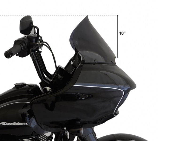 Black motorcycle windshield for Harley-Davidson touring bikes, stylish and aerodynamic.