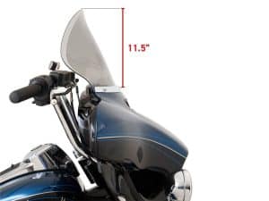 Gloss black motorcycle windscreen for Revelry Motorcycles, 11.5-inch tall, aerodynamic design for touring.