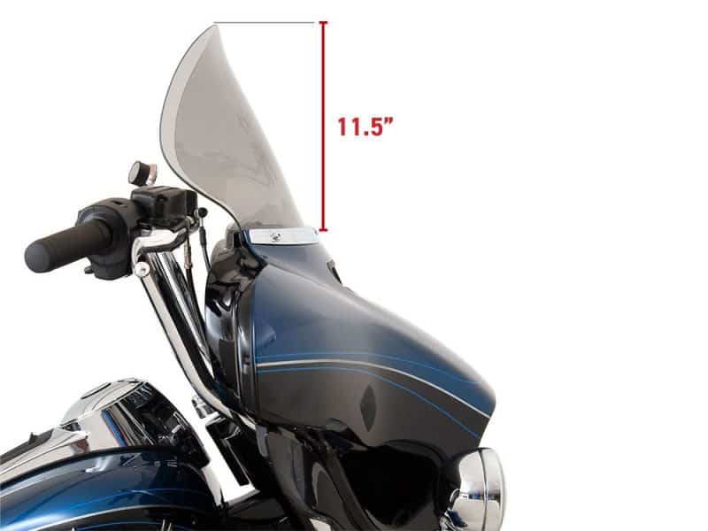 Gloss black motorcycle windscreen for Revelry Motorcycles, 11.5-inch tall, aerodynamic design for touring.
