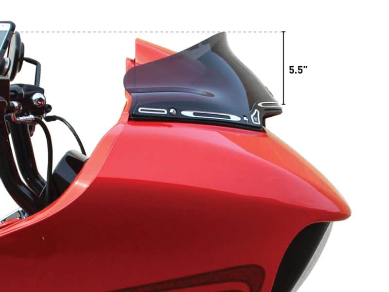 6in. Sports Flare Windshield - Dark Smoke Tint. Fits Road Glide 2015-2023 Sculpted black racing windshield on a high-performance Revelry motorcycle for aerodynamic efficiency.