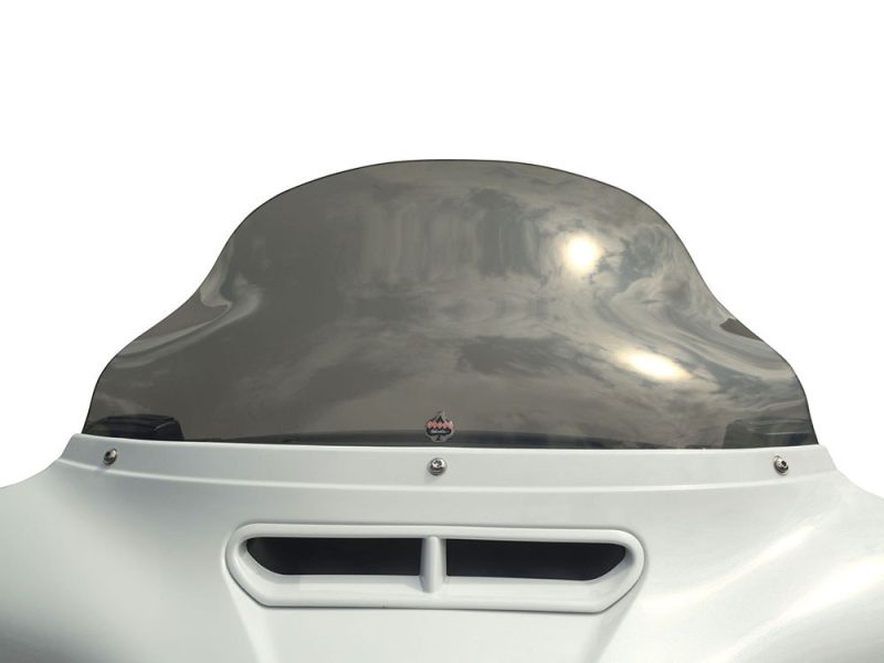 10.5in. Flare Windshield - Dark Smoke. Fits Electra Glide Sleek motorcycle helmet with tinted visor for custom riding safety and style.
