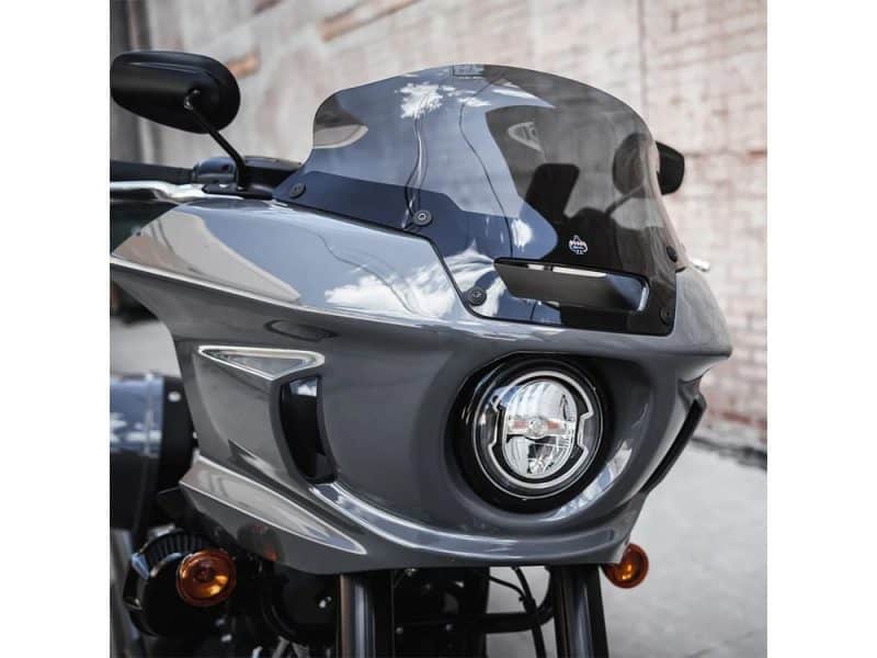 6in. Flare Windshield - Dark Smoke. Fits Low Rider ST 2022up Veloce grey motorcycle with aerodynamic fairing and advanced headlight design for optimal touring.