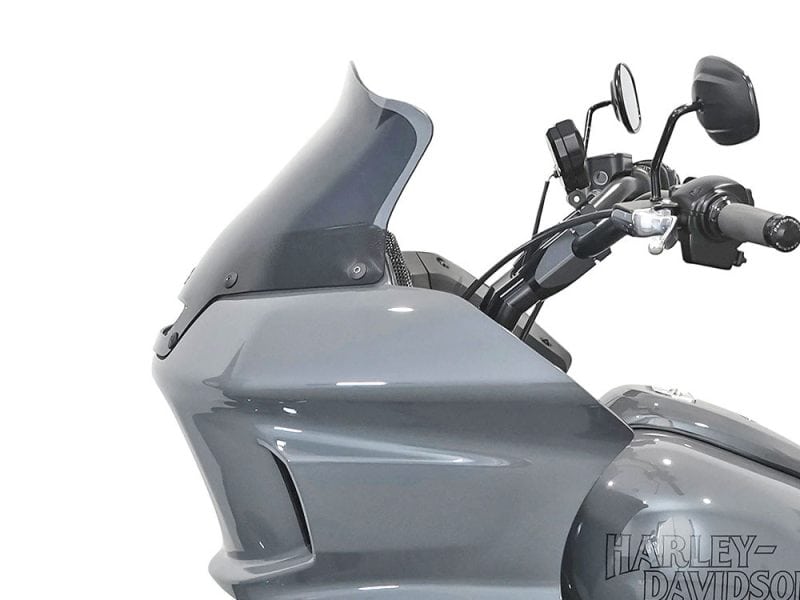 8in. Flare Windshield - Dark Smoke. Fits Low Rider ST 2022up Sleek grey Harley Davidson motorcycle with windscreen and modern handlebar design.