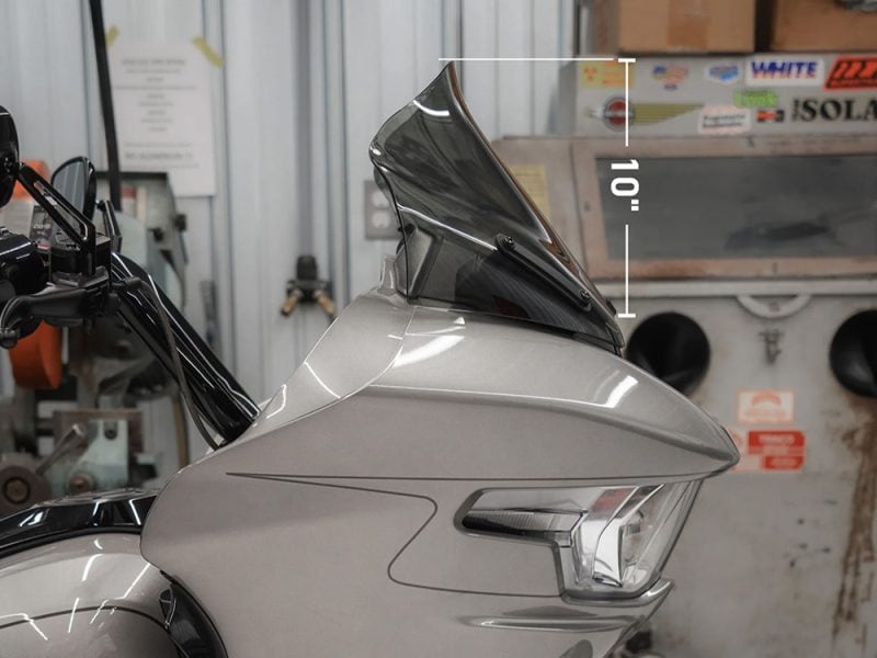 Sleek motorcycle windscreen on a grey Revelry Motorcycle, perfect for touring and cruising.