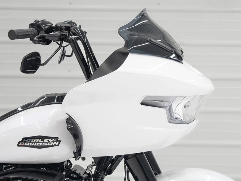 10in. Sports Flare Windshield - Dark Smoke. Fits CVO Road Glide 2023up & Road Glide 2024up Vintage Harley-Davidson motorcycle with custom white fairing and black accents for motorcycle enthusiasts.