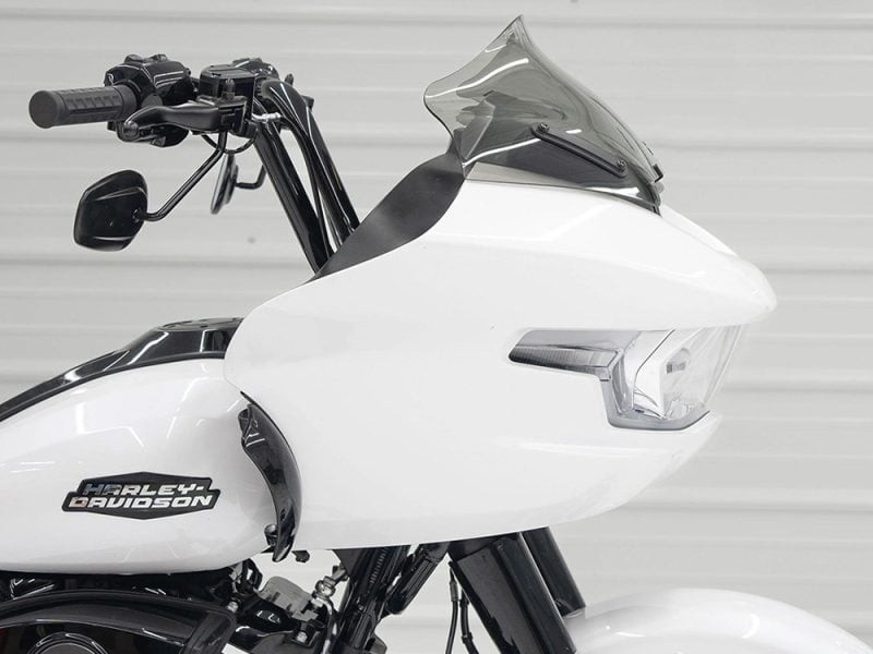 10in. Sports Flare Windshield - Tinted. Fits CVO Road Glide 2023up & Road Glide 2024up Harley-Davidson motorcycle with advanced white fairing and tinted windshield.