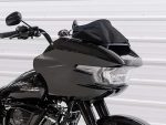 Modern black and grey Harley-Davidson motorcycle with sleek aerodynamic design.