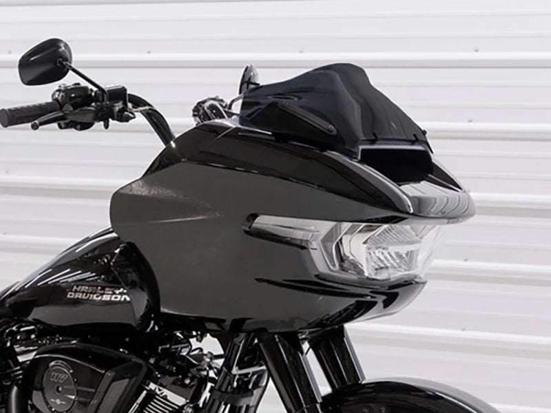 Modern black and grey Harley-Davidson motorcycle with sleek aerodynamic design.