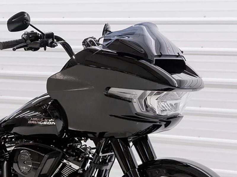 Harley-Davidson motorcycle with sleek black design, aerodynamic fairing, and modern headlights.