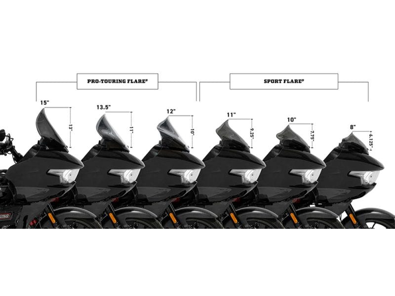 Motorcycle windshields lineup showcasing different heights forREvelry Motorcycles Australia.