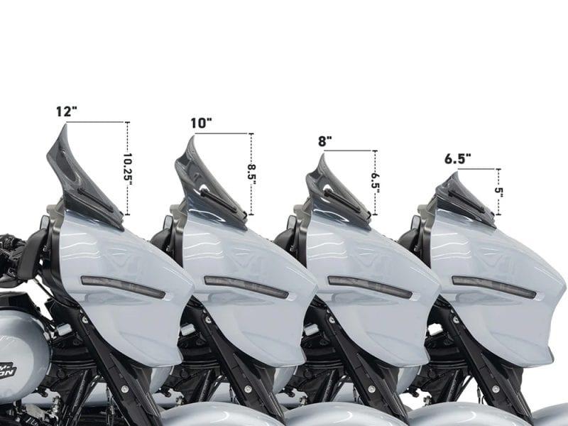 Custom motorcycle windshields, different sizes for Harley Davidson bikes, enhance riding comfort and style.