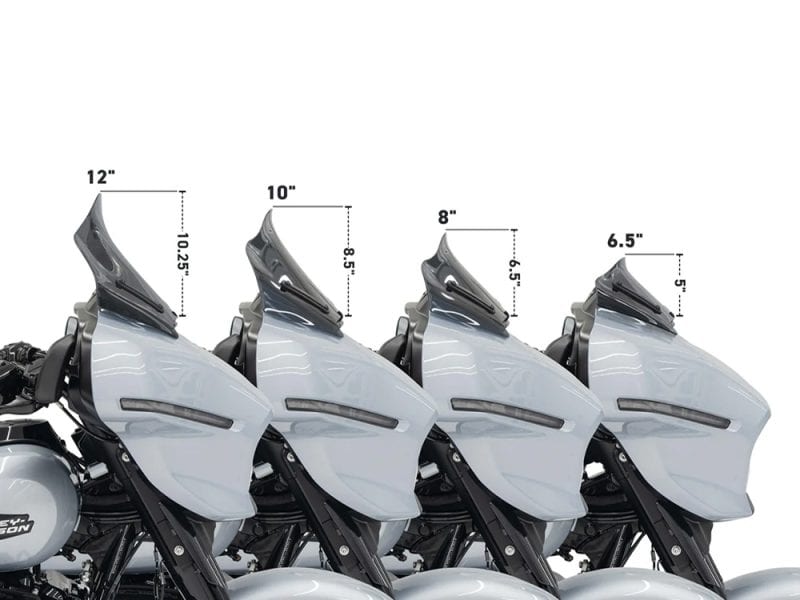 Front fairing windscreen sizes for Harley Davidson touring motorcycles.