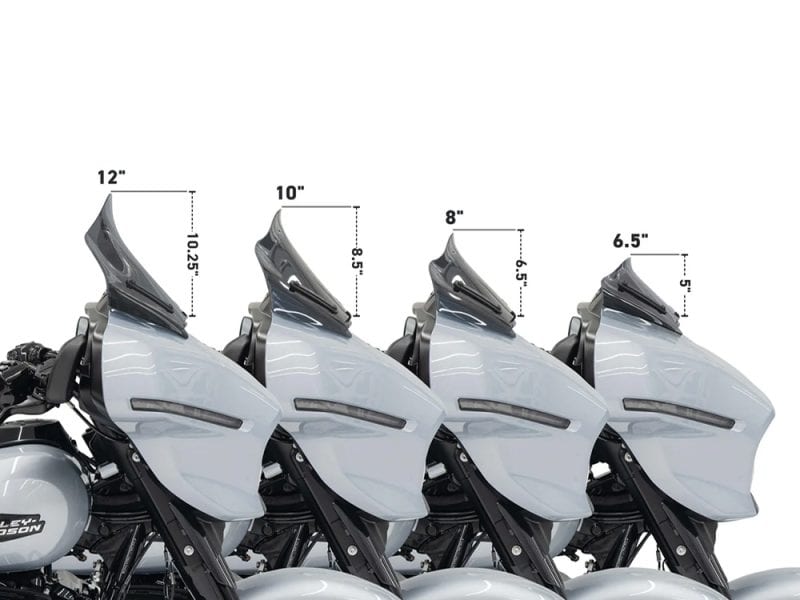 LED windshields for Harley Davidson motorcycles, various heights for custom touring bikes.