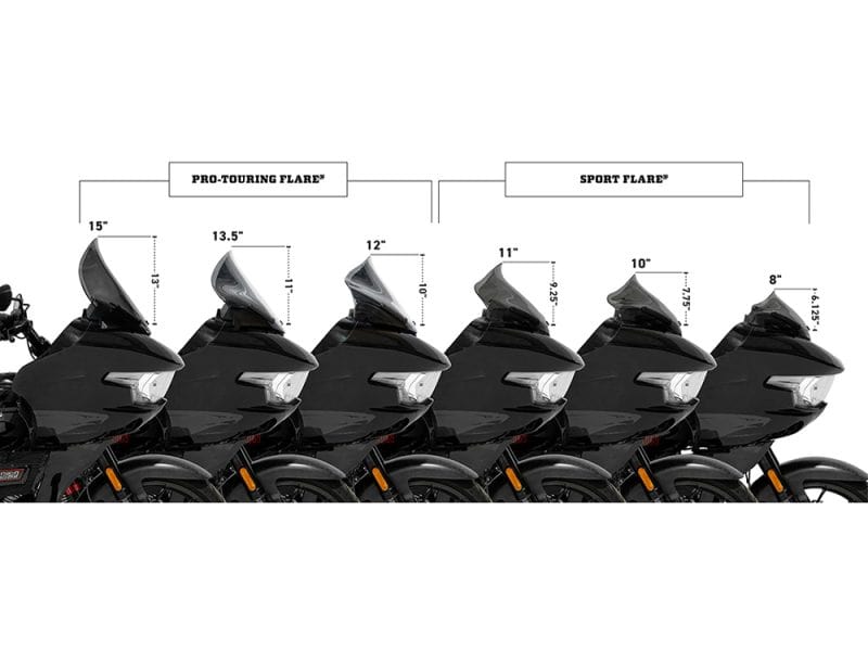 Different motorcycle touring and sport flares with height measurements for Revelry Motorcycles.