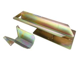 Bright yellow motorcycle oil catch can with mounting brackets for Revelry Motorcycles.