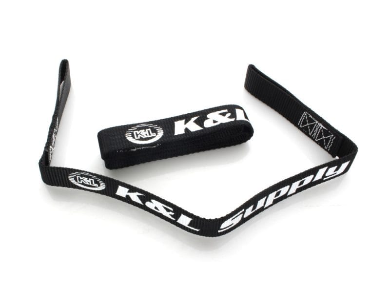 K&L Revelry Motorcycles luggage strap for motorcycle accessories, black with white logo.