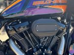 Harley-Davidson motorcycle engine with customised colourful tank, close-up shot.