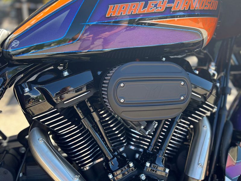 Harley-Davidson motorcycle engine with customised colourful tank, close-up shot.