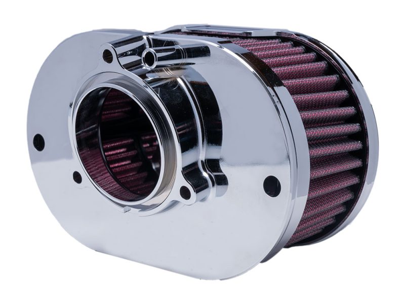 High-performance motorcycle air filter with chrome finish for Revelry Motorcycles in Australia.