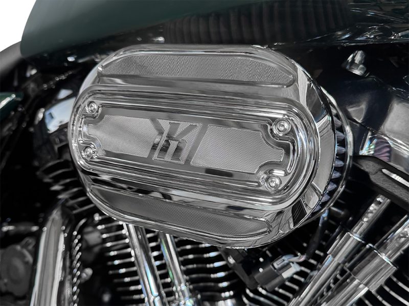 Chrome Revelry Motorcycles air cleaner cover with "110" logo, high-quality motorcycle upgrade part.