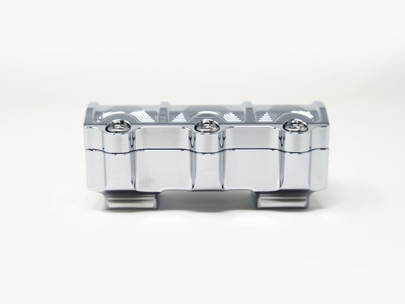 Polished chrome motorcycle engine cover, high-quality custom parts for Revelry Motorcycles AU.