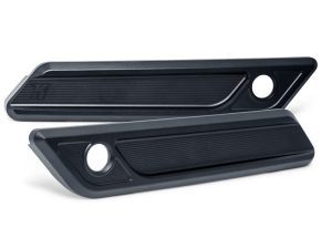 Stylish black motorcycle foot pegs for Harley Davidson and cruiser bikes.