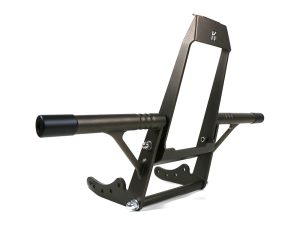 Heavy-duty motorcycle frame slider for Revelry Motorcycles, durable black metal construction.