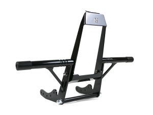 Heavy-duty motorcycle wheel chock for secure parking and transportation.