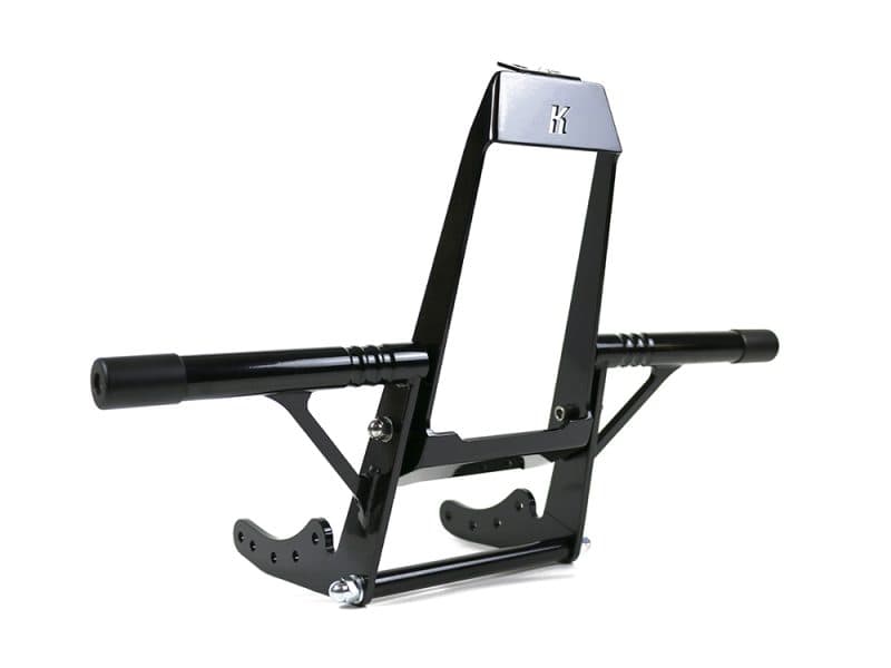 Front Engine Guard Crash Bar - Black. Fits Softail 2018-2024 Heavy-duty motorcycle wheel chock for secure parking and transportation.