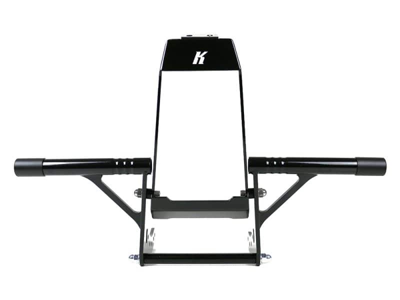 Heavy-duty motorcycle wheel chock for secure parking and transport, compatible with various bike models.