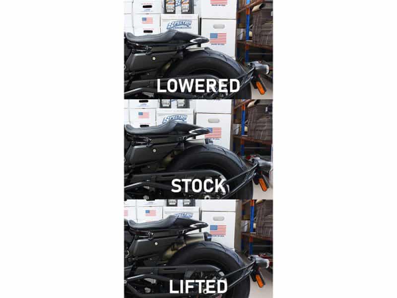 Lowered motorcycle with stock and lifted options at Revelry Cycles.