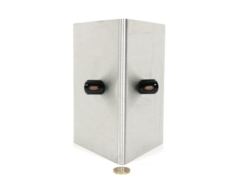 Robust motorcycle turn signal lights on aluminium mounting box for Revelry Motorcycles.