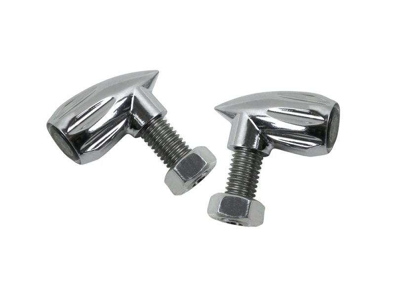Shiny chrome motorcycle bolt and nut hardware for custom bikes.