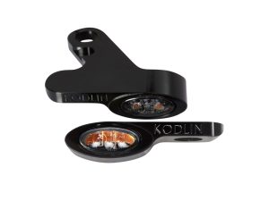 Bright LED motorcycle turn signal lights for Revelry Motorcycles, sleek black anodised finish.