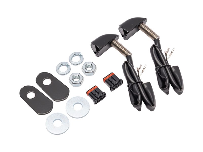 Heavy-duty motorcycle turn signal kit with wiring and mounting hardware for Revelry Motorcycles.