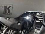 Kodlin motorcycle logo and LED headlight detail on custom motorcycle, Revelry Cycles Australia.