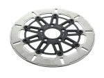 Aluminium motorcycle brake disc with black mounting hardware, durable and high-performance.