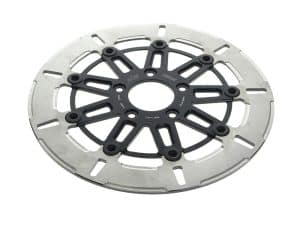 Aluminium motorcycle brake disc with black mounting hardware, durable and high-performance.