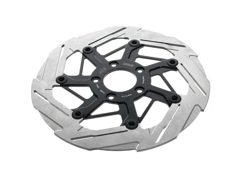 11.8in. Front 7-Spoke Disc Rotor - Polished Band & Black Carrier. Fits Dyna 2006-2017 High-performance motorcycle brake disc for Revelry Motorcycles, precision engineered for optimal stopping power.