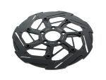 High-performance black motorcycle disc brake rotor for Revelry Motorcycles.