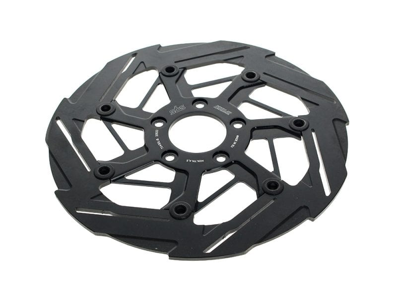 High-performance black motorcycle disc brake rotor for Revelry Motorcycles.