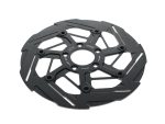 Black mountain bike disc brake rotor for Revelry Motorcycles, high-performance motorcycle braking system.