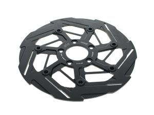 Black mountain bike disc brake rotor for Revelry Motorcycles, high-performance motorcycle braking system.