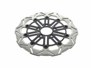 Lightweight motorcycle brake disc with dual material design for enhanced stopping power.