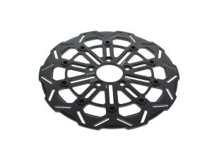 Lightweight black motorcycle rotor - high-performance ventilated disc for Revelry Motorcycles.