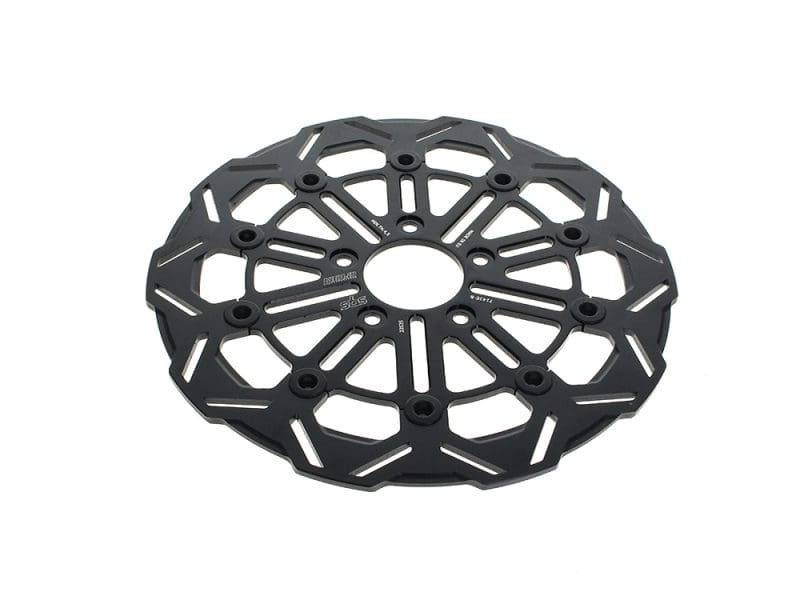 11.8in. Front 9-Spoke Disc Rotor - Black Band & Black Carrier. Fits Dyna 2006-2017 Lightweight black motorcycle rotor - high-performance ventilated disc for Revelry Motorcycles.